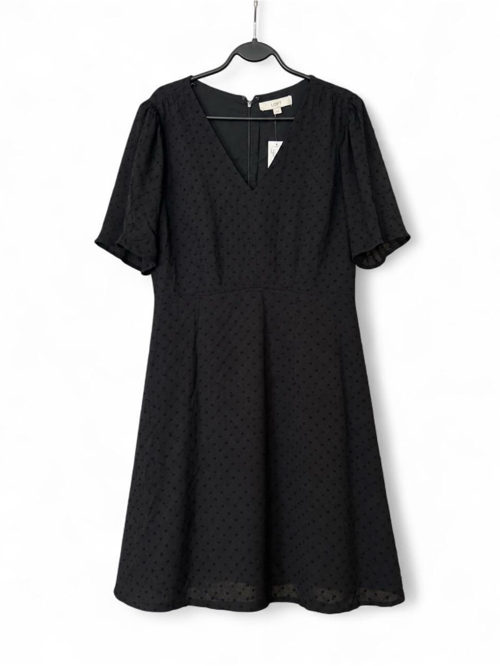 LOFT Black Swiss Dot V-Neck Fit & Flare Dress Size 18 NWT